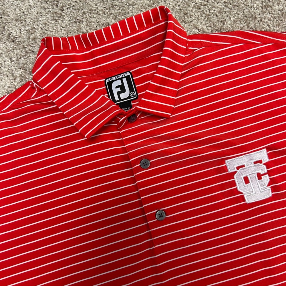 FootJoy FJ Athletic‎ Fit Polo Shirt Men XL Red Striped Golf Performance TC Logo